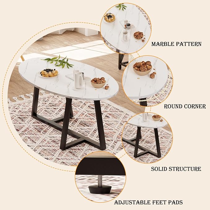Coffee Table Small Oval Table,White Faux Marble Table for Living Room, Modern Center Tea Tables for Small Space,Wooden Tables End Tables with Sturdy Black Metal Leg
