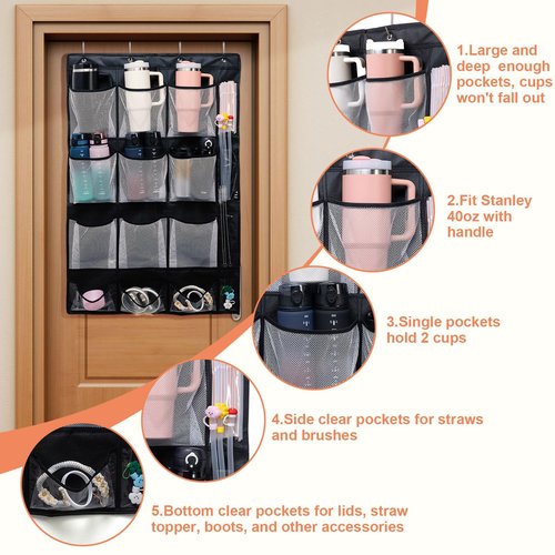JUQINME Water Bottle Organizer for Stanley Cup, 9 Large Capacity Pockets Water Bottle Holder for Stanley 40oz Tumbler Hanging Bag Over the Door for Stanley Cup Accessories Lids Kitchen Cabinet Pantry