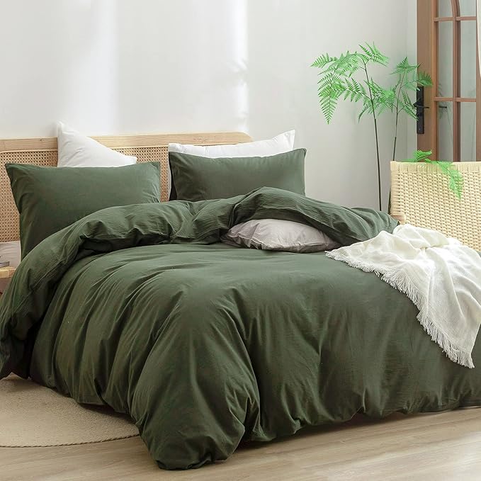 BESTOUCH Duvet Cover Set 100% Washed Cotton Linen Feel Super Soft Comfortable Chic Lightweight 3 PCs Home Bedding Set Solid Olive Green Cal King