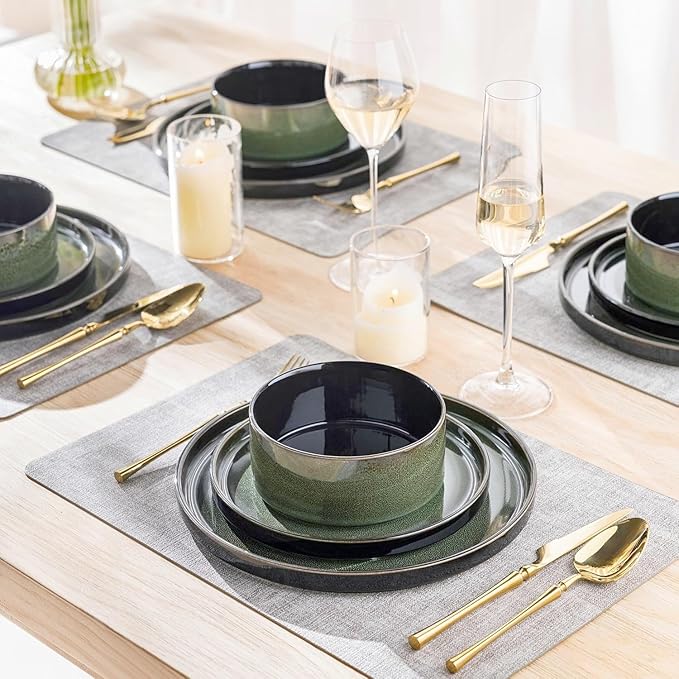 LERATIO Ceramic Dinnerware Sets for 4,Round Reactive Glaze Ceramic Plates and Bowls Set,Highly Chip and Crack Resistant | Dishwasher & Microwave Safe Dishes Set,Service for 4 (12pc)-Green