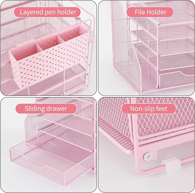 Desk Organizer with Drawer and Pen Holder, 5-Tier Paper Letter Tray Organizer with File Holder, Suitable for Workspace Organizer Office Supplies Storage (Pink)