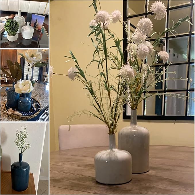 White Ceramic Vase Set - Set of 2 Table Vase, Ceramic Flower Vases for Centerpieces, White Reactive Long Neck Vases, Large Tabletop Living Room Decor 9.5 Inch Cynkeyee