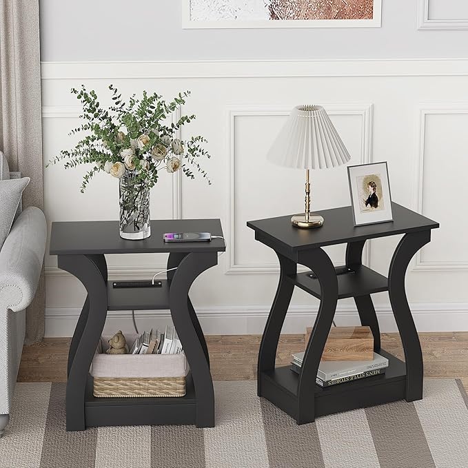 Black End Table Set of 2 with Charging Station, Side Table with USB Ports and Outlets, Black Nightstand, 3 Tier End Table with Storage Shelf for Living Room, Bedroom
