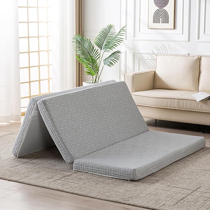 Foldable Mattress, 4 Inch Memory Foam Guest Floor Mat, Tri Folding Portable Mattress for Toddlers and Adults, Washable Cover, Non-Slip Design, Queen Grey (Size: 60" L x 80" W x 4" Th)