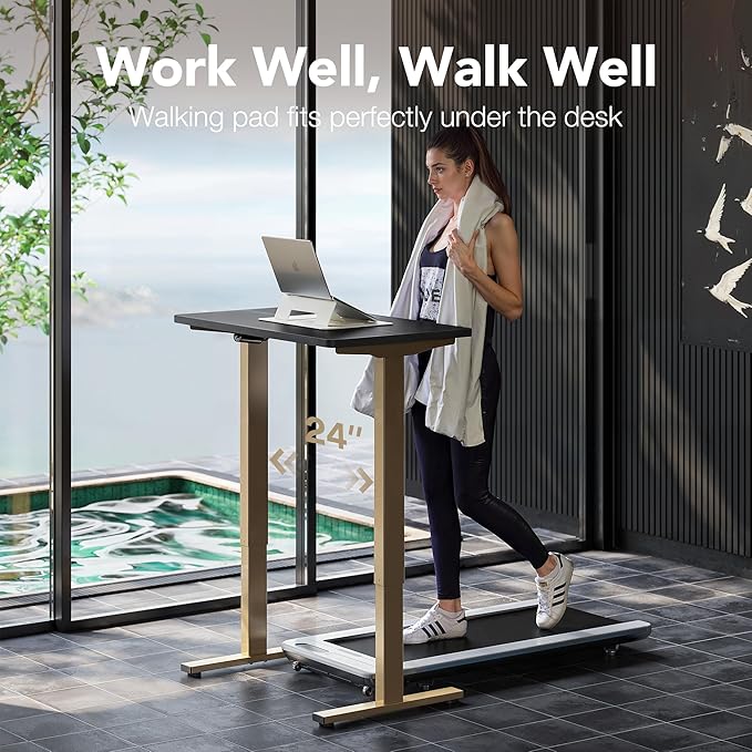 HUANUO 32" Small Electric Standing Desk Adjustable Height, 4 Memory Height Settings, Sit Stand Up Desk for Home Office & Computer Workstation, Black and Gold Frame