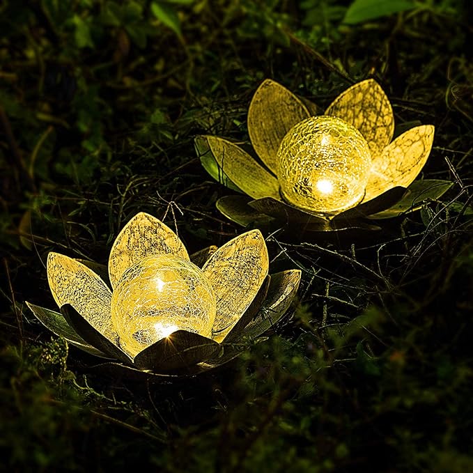 Huaxu Solar Lights Outdoor Garden, Crackle Globe Glass Lotus Decor, Waterproof LED Metal Flower Decorations for Patio,Lawn,Walkway,Tabletop,Ground