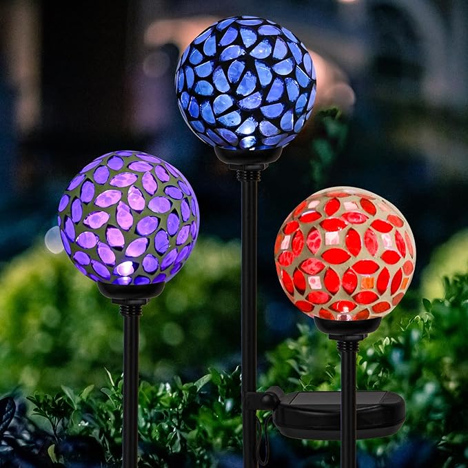 VCUTEKA Solar Garden Decorative Lights Outdoor, Mosaic Solar Light Waterproof LED Pathway Stake Light for Landscape Patio Yard Deck Walkway Decoration, 3 Pack (Blue&Purple&Red)