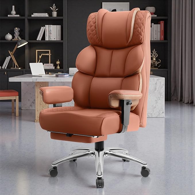 Office Desk Chair, Big and Tall Leather Gaming Chair with Footrest, Wide Ergonomic Comfy Executive High-Back Reclining Computer Chairs, Swivel Rolling Wheels and Padded Lumbar Support, Brown