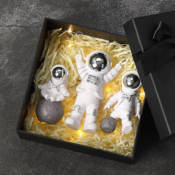 3 Pcs Silver White Astronaut Statues Set, Spaceman Sculpture Figurines Home Ornament Cake Toppers Gift