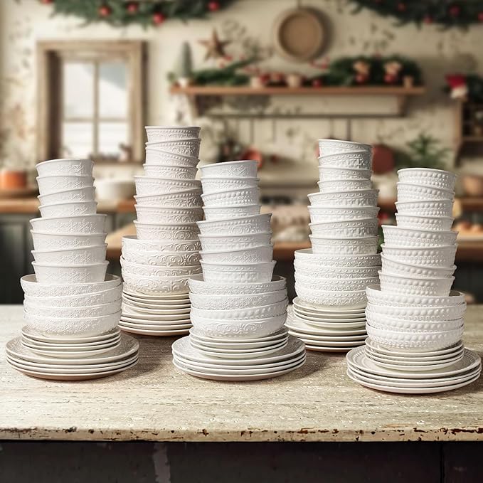 Cereal Bowls Set of 4 - Ceramic Soup Bowls for Kitchen 30 Oz Embossment White Breakfast Bowls for Rice, Pasta, Fruits, Salad, Ramen, 6.25 Inch, Dishwasher & Microwave Safe (Snowflake)
