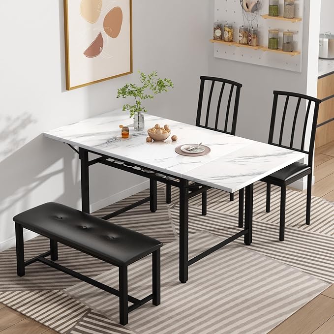 Lamerge 4-Piece Dining Table Set for 3-6 People, 63" Extendable Kitchen Table Set with 1 Bench and 2 Backrest Chairs, Faux Marble Table Square Dining Table Set with Drop Leaf for Small Space