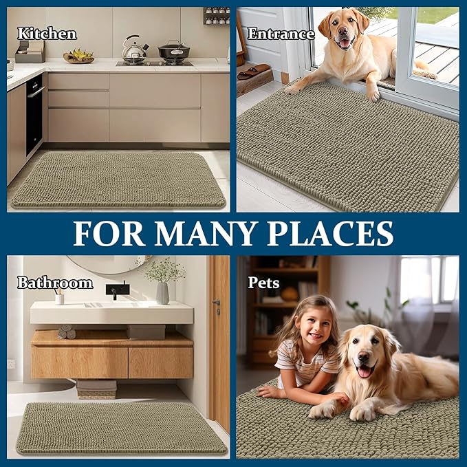 OLANLY Dog Door Mat for Muddy Paws 50x30, Absorbs Moisture and Dirt, Absorbent Non-Slip Washable Doormat, Quick Dry Chenille Mud Mat, Entry Indoor Entryway Carpet for Inside Floor, Warm Taupe