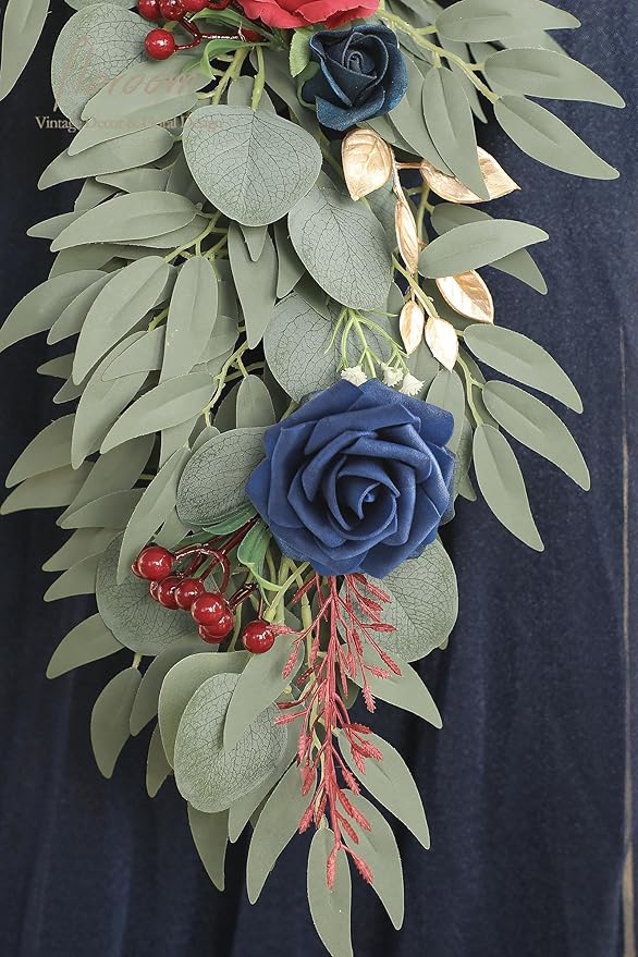 Floroom 6ft Artificial Eucalyptus Garland with Flowers Fake Greenery Faux Floral Vine Garland for Table Decor Wedding Centerpieces Bridal Shower Party Decorations, Dark Red Burgundy Navy