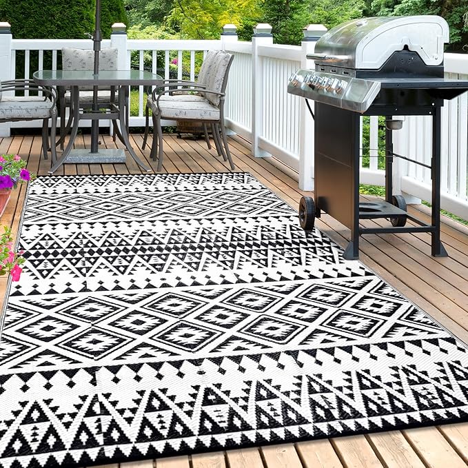 Waterproof Outdoor Rug 8x10ft, Bohemia Reversible Plastic Straw Mat for Patio RV Deck Porch Backyard Balcony Camping Picnic Beach Indoor Outdoor Carpet, Black&White