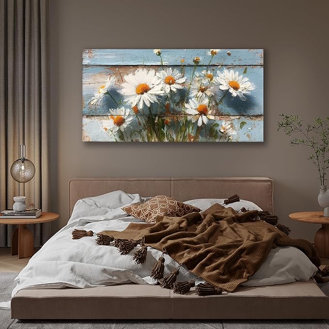 JLXART Watercolor Flowers 24x48inch Wall Art Canvas Decor White Daisy Floral Wood Background Prints Pictures for Kitchen Bedroom Home