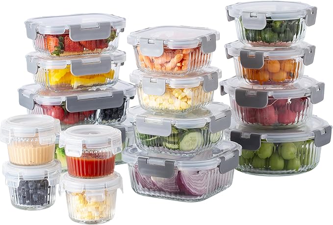 COOK WITH COLOR Premium 32-Pc. Borosilicate Glass Food Container Set with Dividers - 4 Rectangles, 8 Rounds, 4 Squares - Leakproof Lids - Meal Prep, Storage, Fluted Ombre Grey