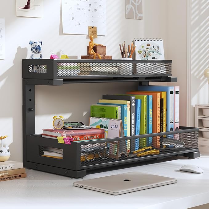 2 Pack 19IN Depth Under Sink Storage Organizer, Large 2-Tier Elegant Mesh Pull Out Shelf for Kitchen and Bathroom Cabinet Organization, L-Shaped and Adjustable Height Design-Black