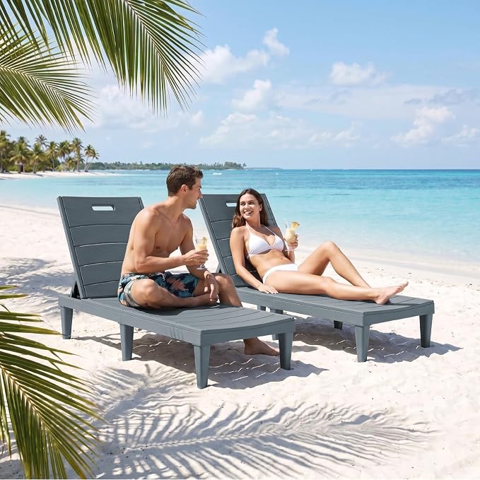 Greesum Outdoor Chaise Lounge Chairs Set of 2 with 5-Position Adjustable Backrest, Waterproof PP Sun Chaise Loungers for Garden Pool Beach Patio Deck Sunbathing, Grey