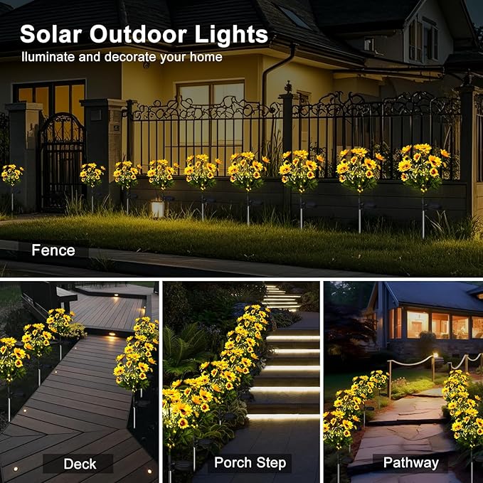 Aolyty Solar Garden Lights Outdoor, Solar Flower Lights with 24 Sunflowers 2 Modes, IP65 Waterproof LED Stake Light 2 Pack for Pathway Patio Yard Landscape Decorative