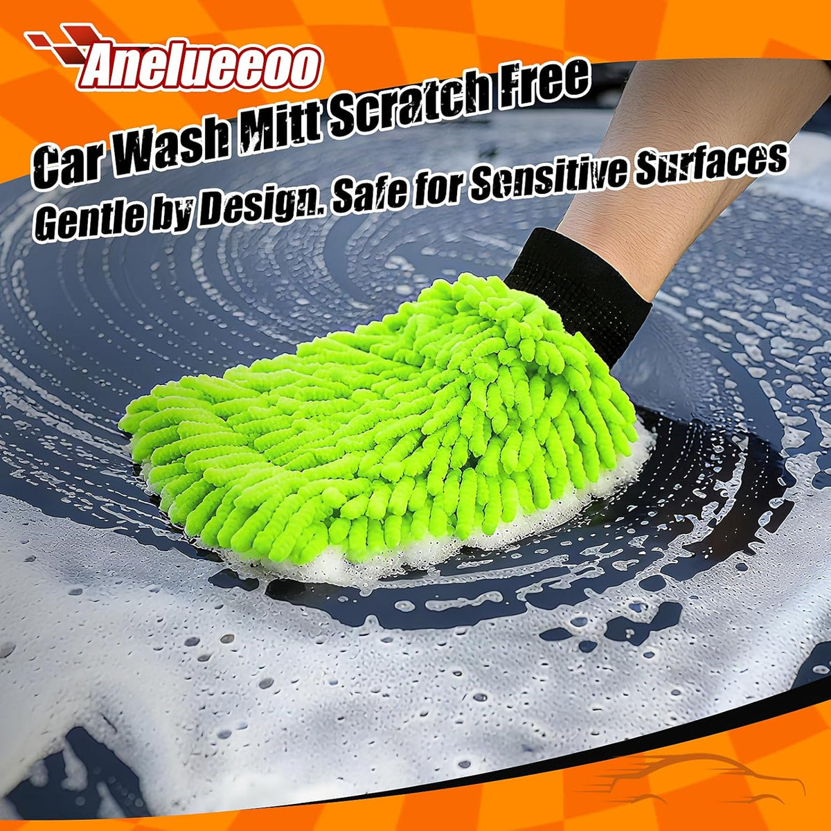 Car Wash Mitt Microfiber, Premium Chenille Microfiber Wash Car Mitts Sponge Scratch Free & Lint-Free, Mitts Waterproof Lining 4 Pack Green (8''X12'')