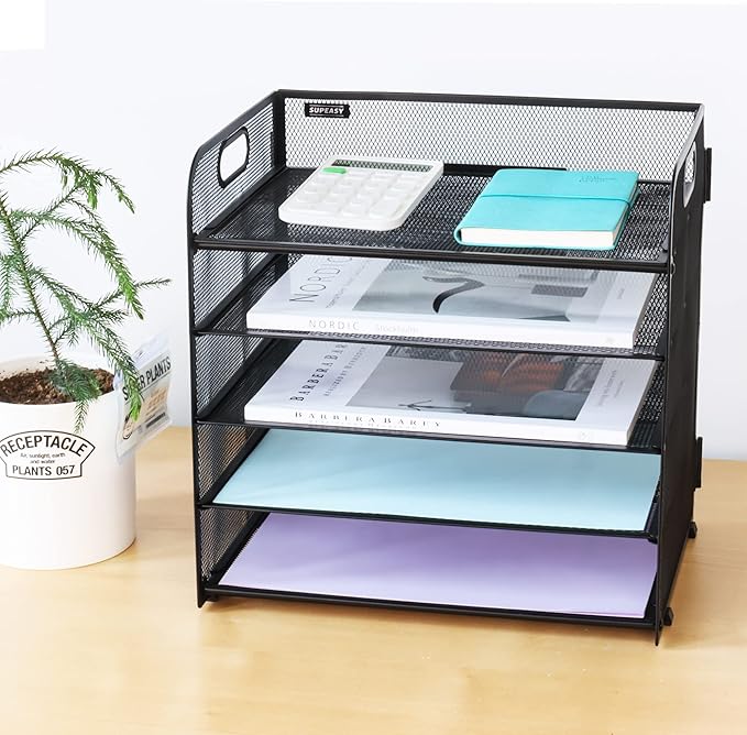 Supeasy 5 Trays Paper Organizer Letter Tray with Handle-Mesh Desk File Organizer, Paper Sorter Desk Organizer for Office, Home or School