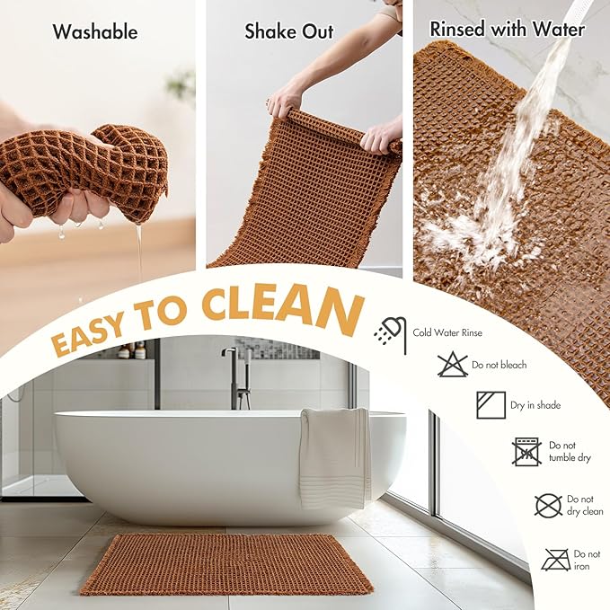MIULEE Set of 2 Waffle Bathroom Rugs, Fall Boho Bath Rugs Non Slip Washable, Super Absorbent Bath Mats, Ultra Soft Rubber Backed Shower Mats for Bathroom Floor, Tub and Shower, Terracotta, 17x24 Inch