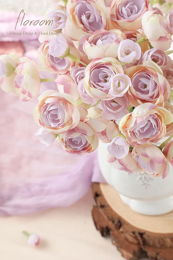 Floroom Ranunculus Artificial Flowers 18 Pcs Lilac Faux Silk Mini Ranunculus Bulk Fake Wedding Filler Flowers for DIY Bouquets, Centerpieces, Bridal Shower Decorations & Arrangements