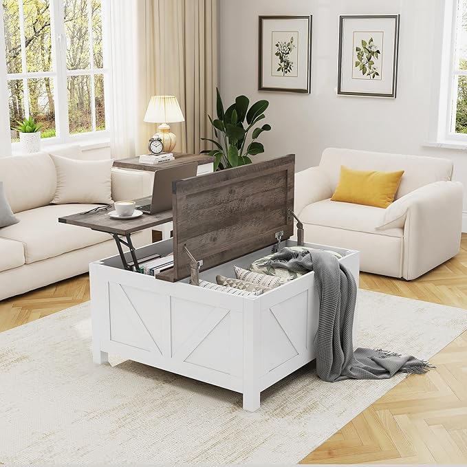 Farmhouse Coffee Table with Lifting Top with Hidden Storage Organizer, Square Lift top Coffee Table for Living Room with Charging Station&USB Ports, 35" Wood Storage Table Set for Home, Office-Grey