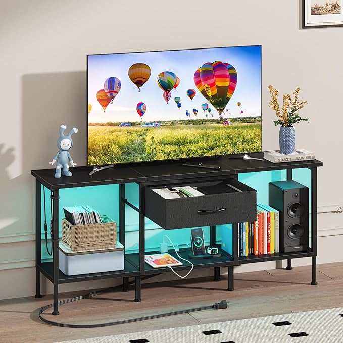 LED TV Stand with Power Outlet and Fabric Drawer for 55 50 45 Inches TV - Entertainment Center and Industrial TV Console Table for Living Room, Bedroom- 47" Black