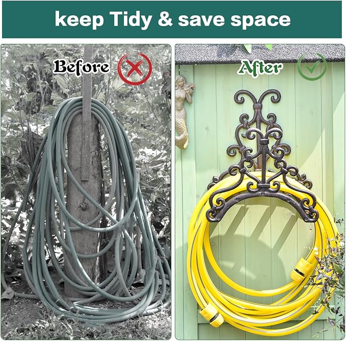 Sungmor Heavy Duty Cast Iron Garden Hose Holder - Wall Mounted Water Hose Hanger - European Vintage Pattern Decorative Hose Rack - Large Water Hose Bulter Storage - Indoor Outdoor Metal Hose Stand