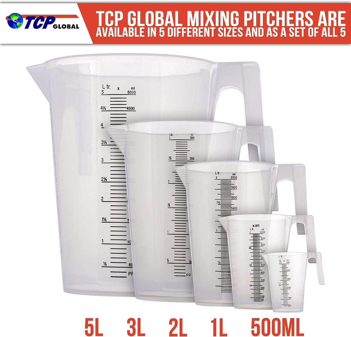 TCP Global 1/2 Liter (500ml) Plastic Graduated Measuring and Mixing Pitcher (Pack of 6) - Holds Over 1 Pint (16oz) - Pouring Cups, Measure & Mix Paint, Resin, Epoxy, Kitchen Cooking Baking Ingredients