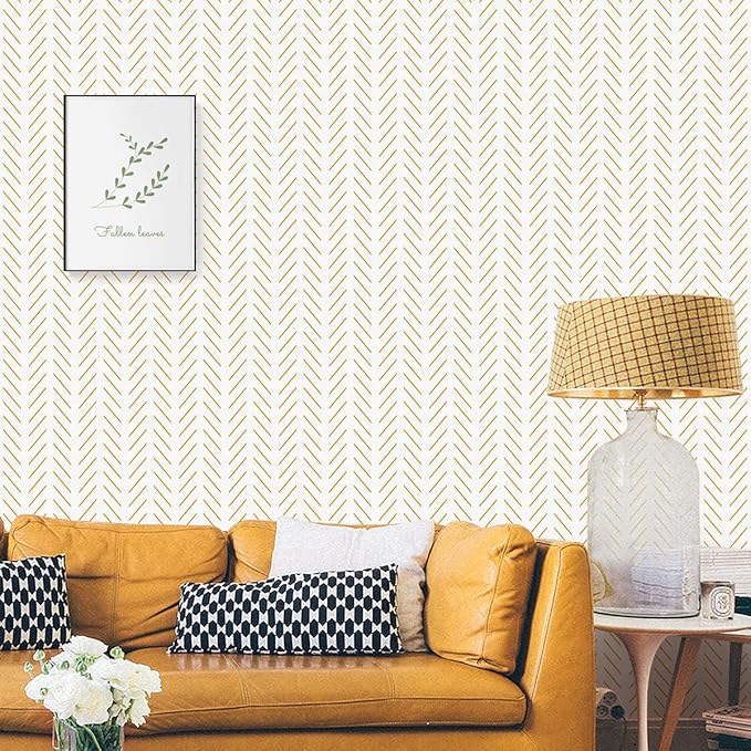 Erfoni Yellow and White Peel and Stick Wallpaper Modern Herringbone Wallpaper