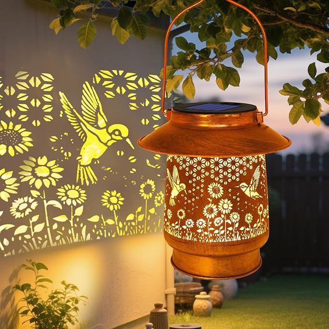 Hummingbird Solar Lanterns Outdoor Garden Decor, Sunflower Gifts for Women Mom Grandma Birthday Hanging Metal Solar Lights Waterproof Decoration for Garden Yard Lawn Patio