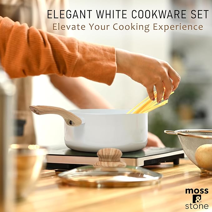 Moss & Stone 6 Pcs White Nonstick Cookware Set, Pots And Pans Set Non stick With Glass Lid, Induction Cookware, Stay-Cool Handle PTFE/PFOA Kitchen Pots 6-Piece with Frying Pans & Saucepan
