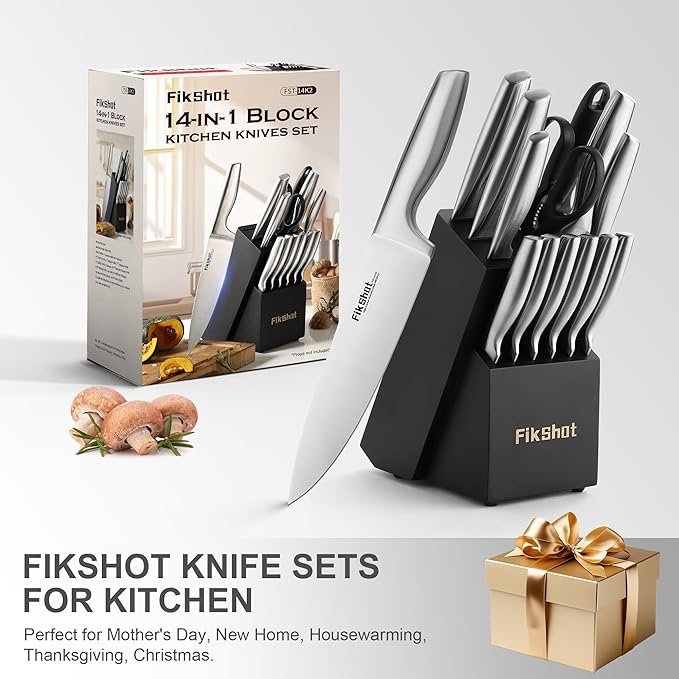 Kitchen Knife Set, FIKSHOT Premium Stainless Steel Knife Block Set, Razor-Sharp Santoku Knife and Fruit Knives, Gift for Homecooks, Rust-Proof, Designed for Women