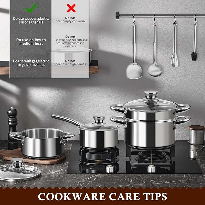 15-Piece Stainless Steel Cookware Set, Non-Toxic Pots and Pans Set with Glass Lids, Kitchen Induction Cookware with Steamer, Utensils Set & Fry Basket, Dishwasher & Oven Safe, Silver