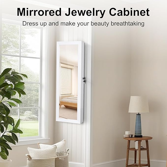 Mirror Jewelry Cabinet, Wall/Door Mounted Jewelry Armoire