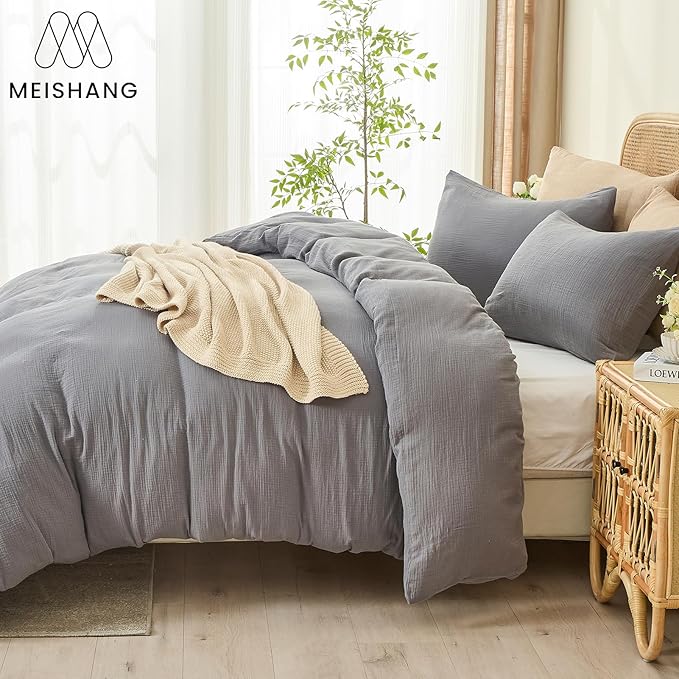 MEISHANG Muslin Duvet Cover King Size - 100% Organic Cotton, Soft Textured Gauze Weave Comforter Cover for Breathable All-Season with Zipper Closure - 3 Piece Set (King, Dark Grey)