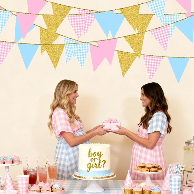 Pink and Blue Buffalo Plaid Gold Party Decorations Pennant Banner Flag Hanging Glitter Paper Triangle Bunting for Boy or Girl Gender Reveal Baby Shower Birthday Wedding Bridal Shower Party Supplies
