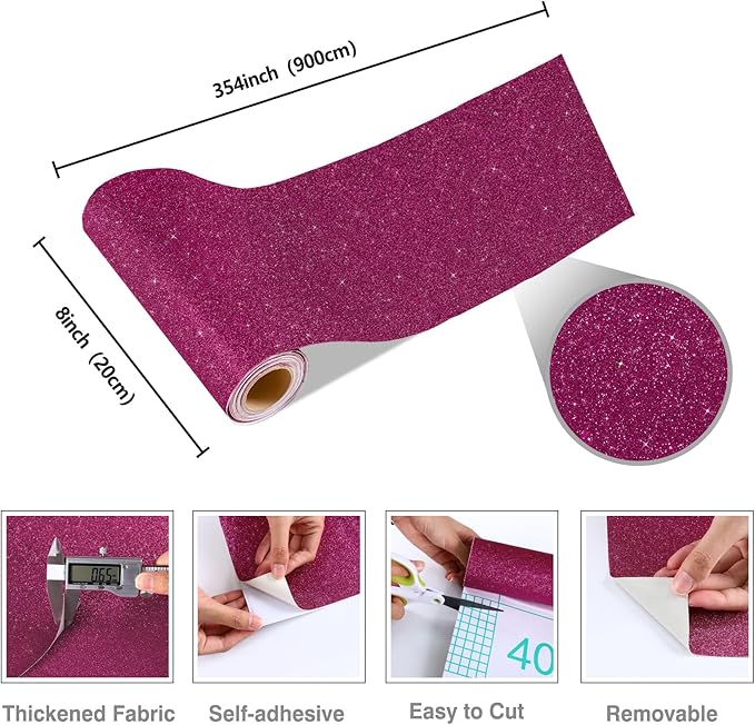 CRE8TIVE Deep Pink Glitter Wallpaper Border 8"x354" Shiny Glitter Wallpaper