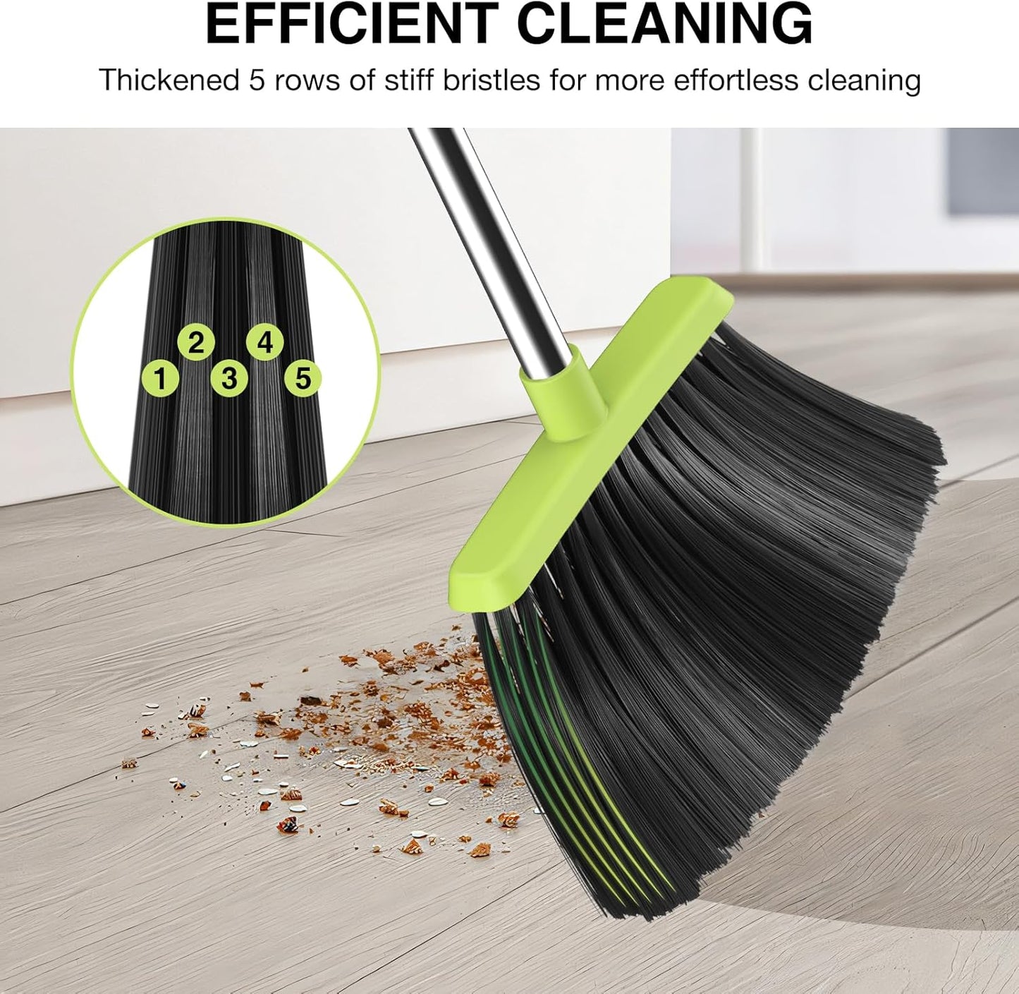 Broom and Dustpan Set, 52-in Long Adjustable Handle Broom Dustpan Combo with Dust pan Teeth to Automatically Clean Hair Suitable for Home Kitchen Office Hall Floor(Green)