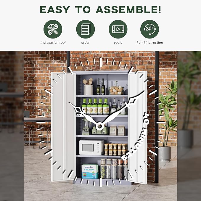 Greenvelly Metal Garage Storage Cabinet, 72”Locking Steel Storage Cabinet with 2 Doors and 4 Adjustable Shelves for Home Office,School,File(Gray White)