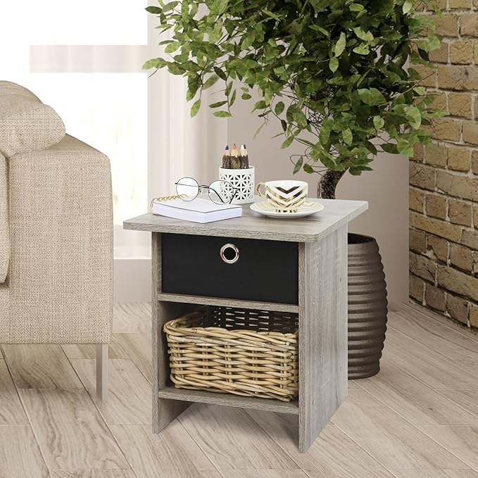 Furinno Dario End Table / Side Table / Night Stand / Bedside Table with Bin Drawer, 1-Pack, French Oak Grey/Black