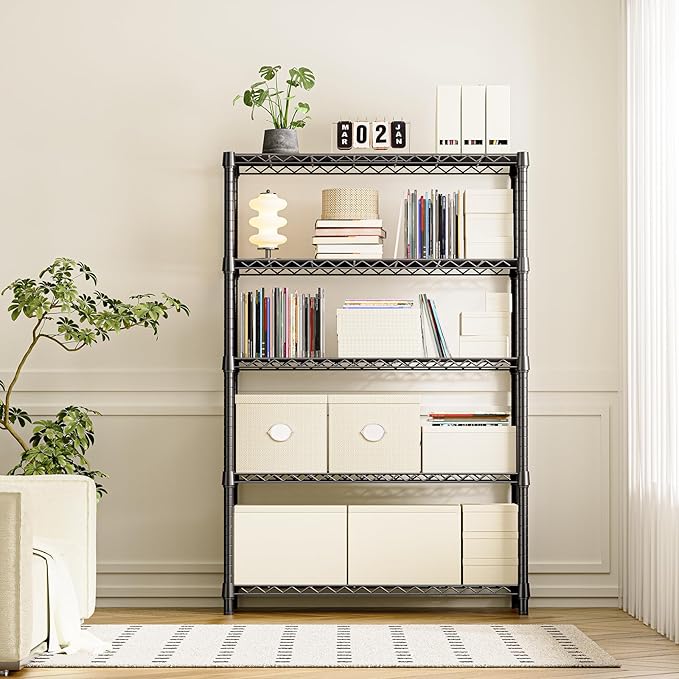IZEUK 5-Tier Heavy Duty Metal Storage Shelving Unit (Black, 17.7" D x 47.2" W x 72.3" H, 1750 lbs Capacity), Adjustable Steel Wire Rack Shelf Organizer for Garage, Kitchen, Basement, Laundry, Office
