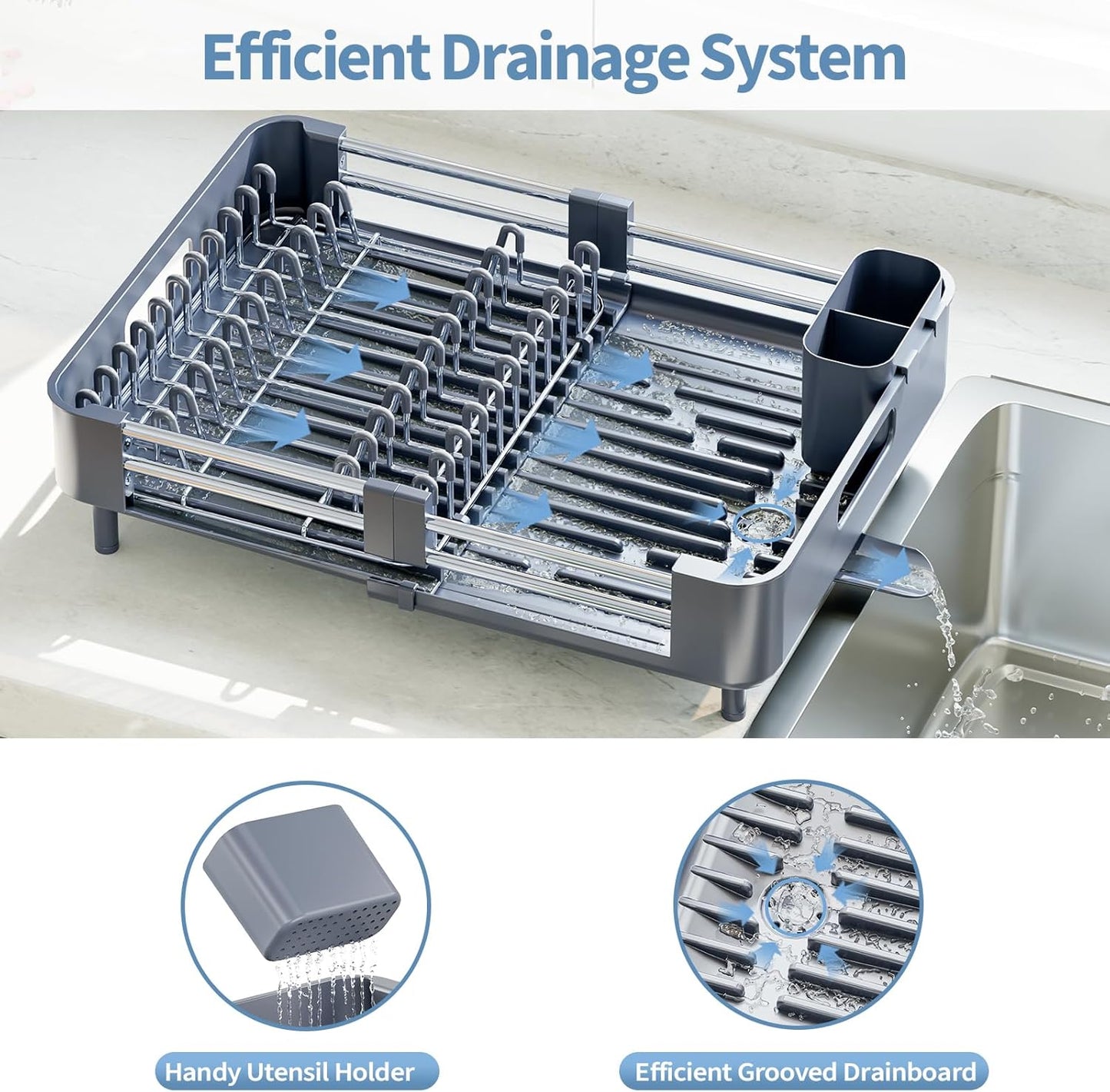 Dish Racks for Kitchen Counter, Dish Drying Rack - Stainless Steel Dish Drainer, Sink Drying Rack with Cutlery Holder, Dishes Organiser and Storage Rack, Gray