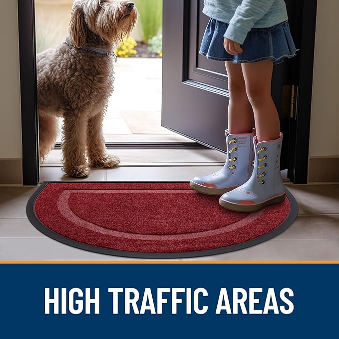 OLANLY Half Circle Door Mat Indoor Outdoor Entrance Welcome, Waterproof All-Season, All-Weather Doormat, Sturdy Natural Rubber, Low Profile, Easy Clean Patio Porch Entryway Mat, 36x24, Wine Red