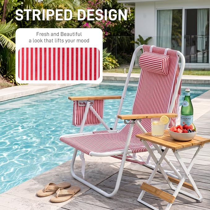 Outvita 2 Pack Folding Beach Chair, 4 Position Adjustable Reclining Lounge Chair with Padded Headrest, Large Rear & Side Storage Pockets, Lightweight Portable Outdoor Chair for Beach Pool Garden BBQ