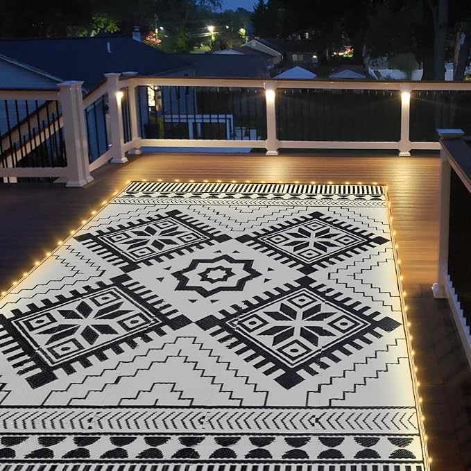6x9ft Waterproof Outdoor Rug with LED Lights, Boho Reversible Plastic Straw Mat for Patio RV Camping Picnic Balcony Beach Deck Indoor Outdoor Carpet, Black&White