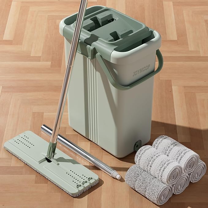 JOYMOOP Mop and Bucket Set - Mops for Floor Cleaning & Wall Cleaner with Long Handle, Include 5 Microfiber Mop Pads - Green Bucket (X-Large)