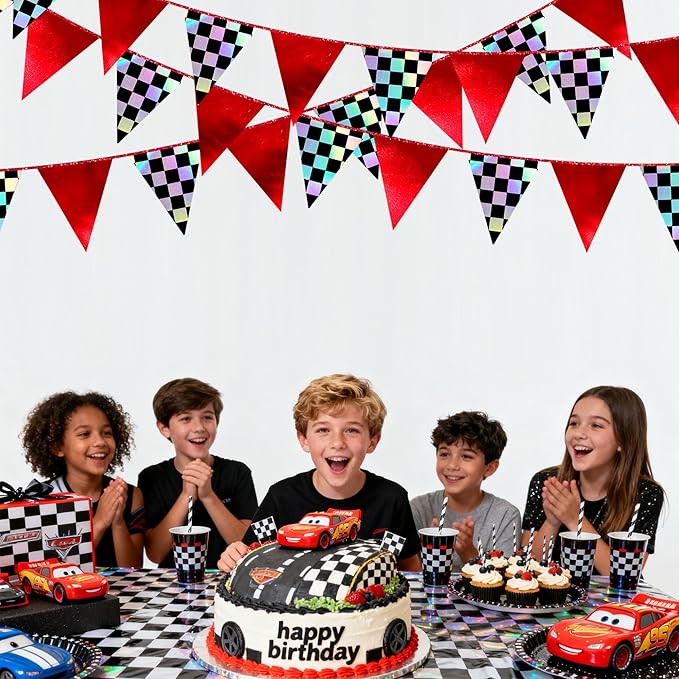 Racing Party Decorations Iridescent Checkered Red Pennant Banner Flag Hanging Paper Triangle Bunting for Kid Boy Men Race Fans Birthday Baby Shower Monster Truck Race Car Party Decorations Supplies